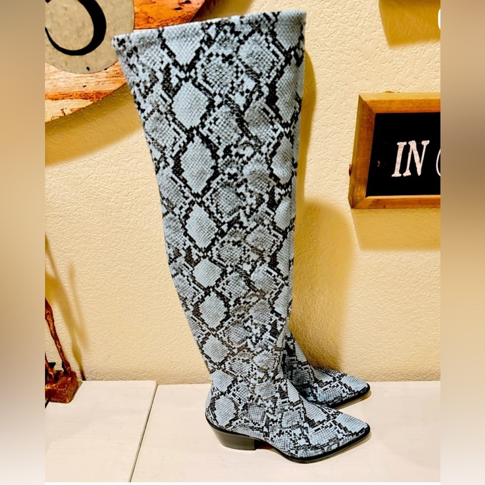 Gianni Bini Snake Print Heeled Boots - Black and Gray